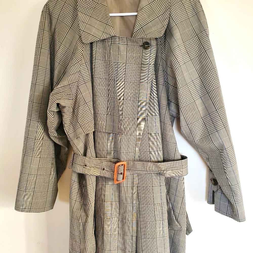 Bill Blass Cotton Plaid Trenchcoat Vintage 1980's Gray White